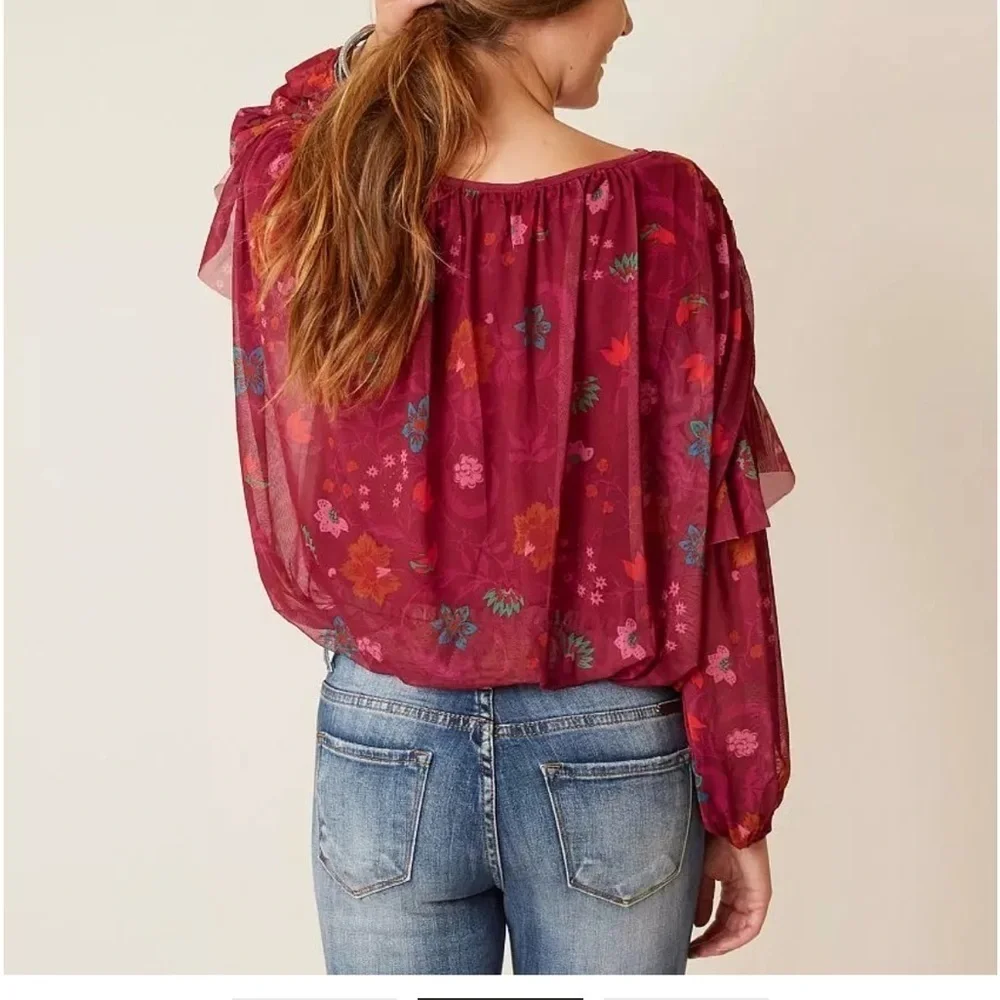 Free People Burgundy M Floral Wildflower Honey Peasant Blouse NWT
